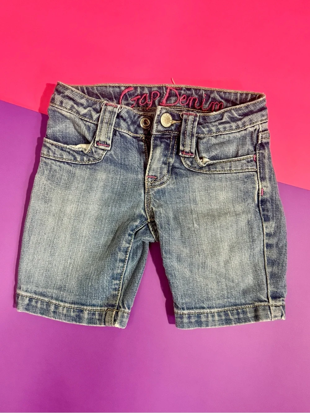 GAP Kids Slim Denim Shorts with Pink Embroidered Logo